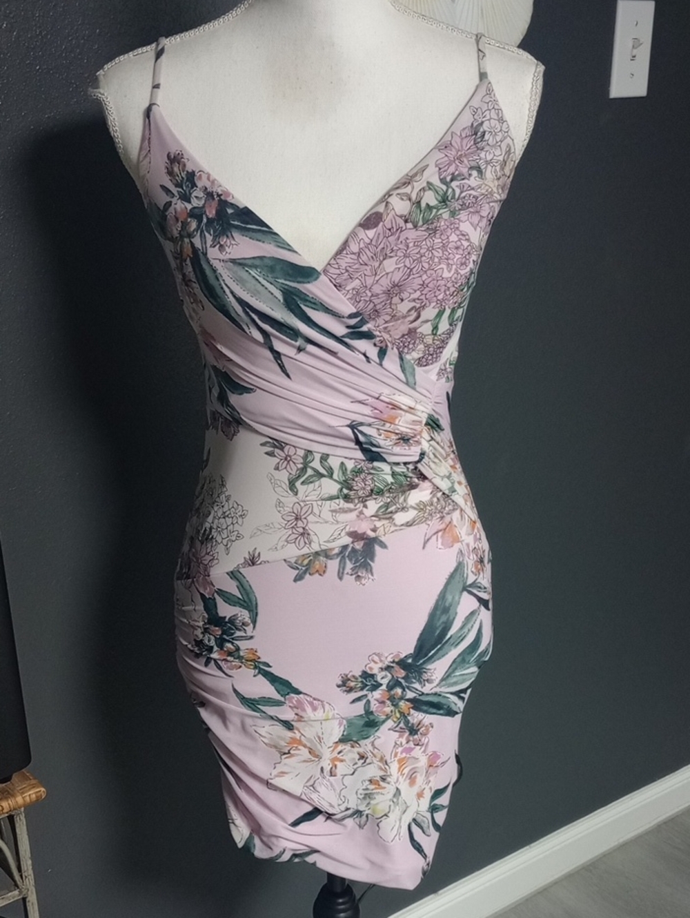 Guess Pink/Lavender Floral Wrap-Front Mini Dress